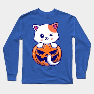 Cute Cat With Pumpkin Halloween Cartoon Long Sleeve T-Shirt